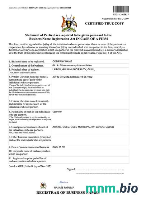 Uganda szablon Word i PDF zaświadczenia o rejestracji nazwy firmy, wersja 3